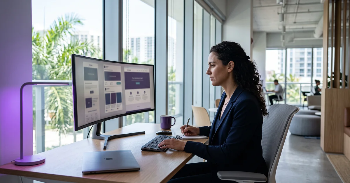 A marketing manager reviewing campaign drafts on a large monitor in a bright South Florida office