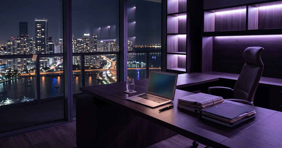 An empty law office at night with a laptop glowing beside a case file and the Miami skyline outside