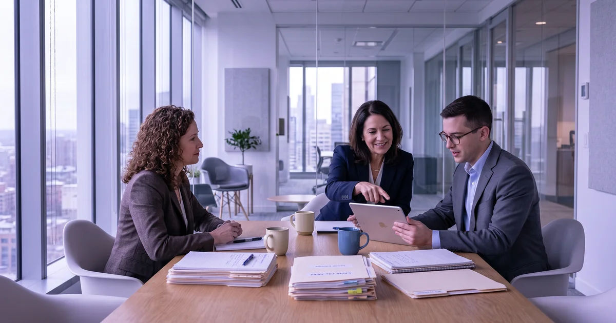 A small law firm team reviewing the morning briefing on a tablet in a glass conference room