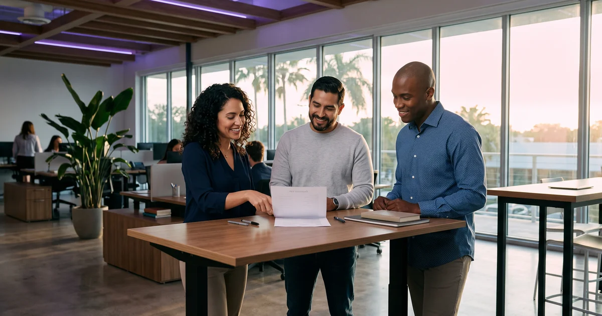 A small sales team reviewing the day's priority accounts together at a standing desk