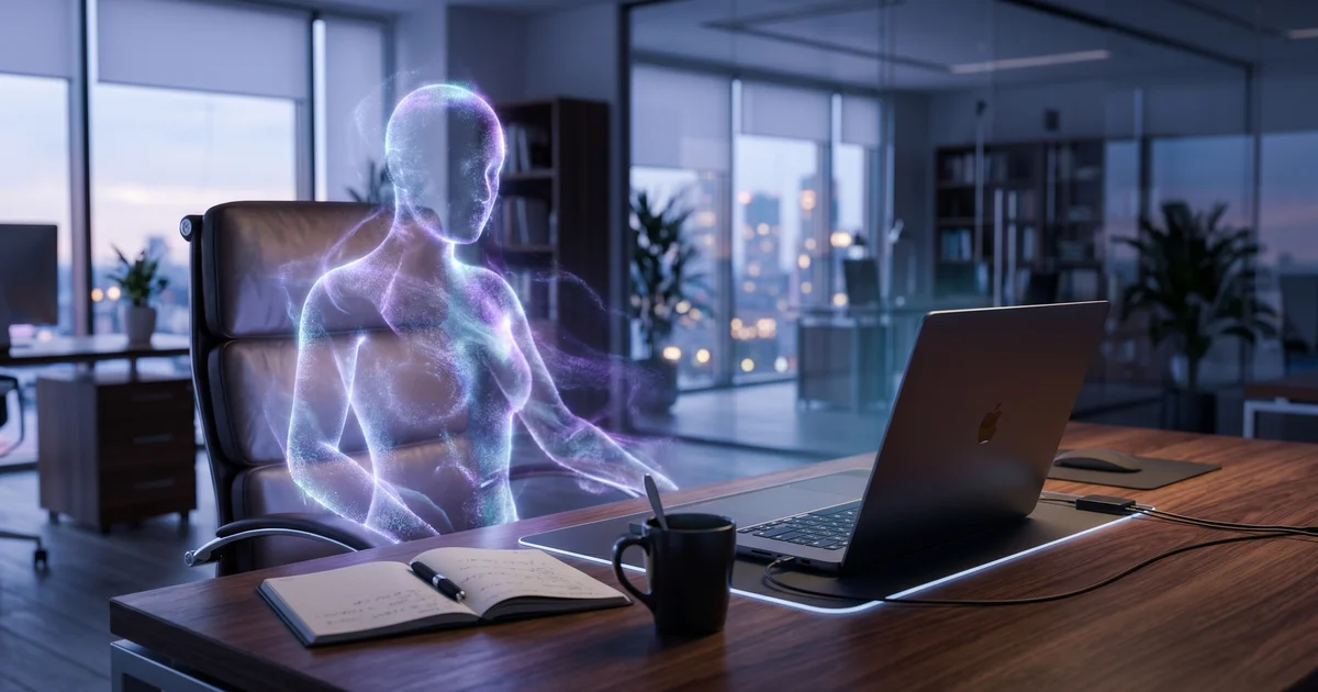 A modern office desk where the chair has been replaced by a glowing holographic AI agent silhouette, representing AI employee replacement of mid-market roles
