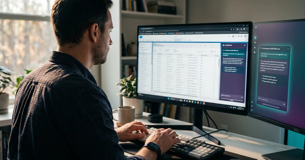 Professional knowledge worker at a modern desk with two side-by-side monitor screens — one showing their workflow, the other showing an AI assistant interface offering contextual suggestions
