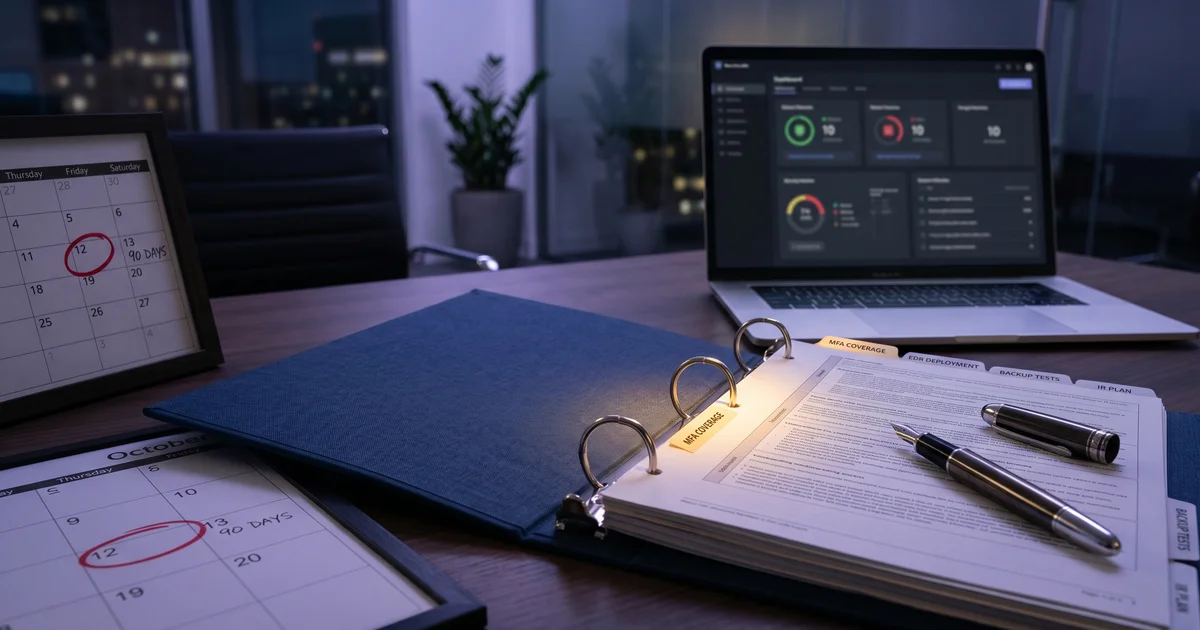 An open binder labeled Cyber Insurance Renewal 2026 with security control evidence pages, a calendar marked 90 days out, and a fountain pen on a desk
