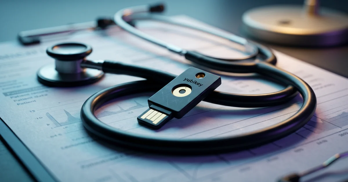 Modern medical office in Orlando with secure network workstations, HIPAA-compliant infrastructure, and overlaid cybersecurity dashboard showing threat monitoring