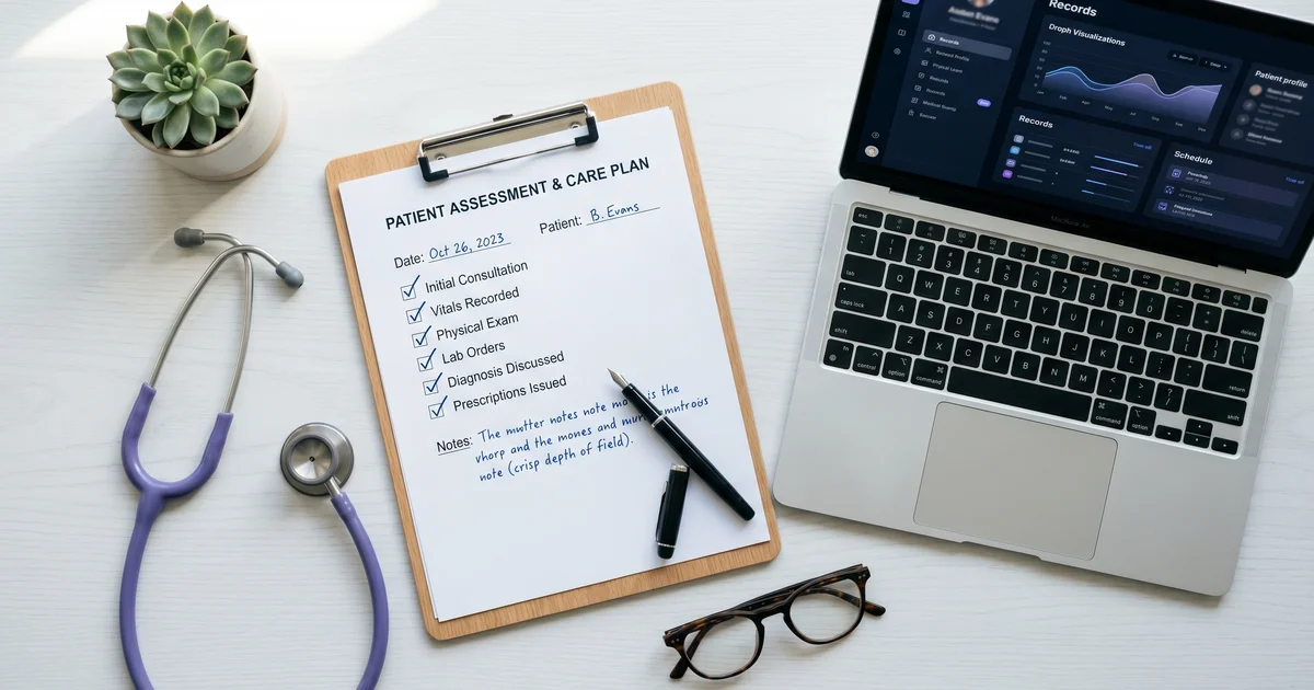 Clipboard with HIPAA compliance checklist beside stethoscope and laptop displaying secure medical records dashboard