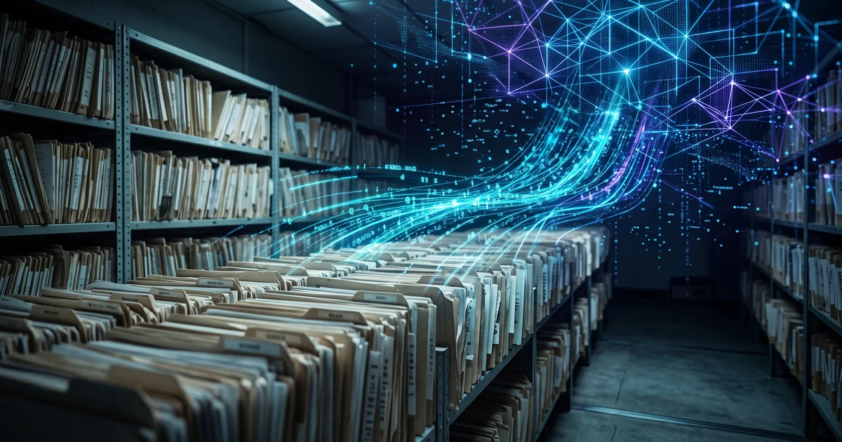 A medical records room transitioning into glowing encrypted cloud storage, paper charts dissolving into secure data streams