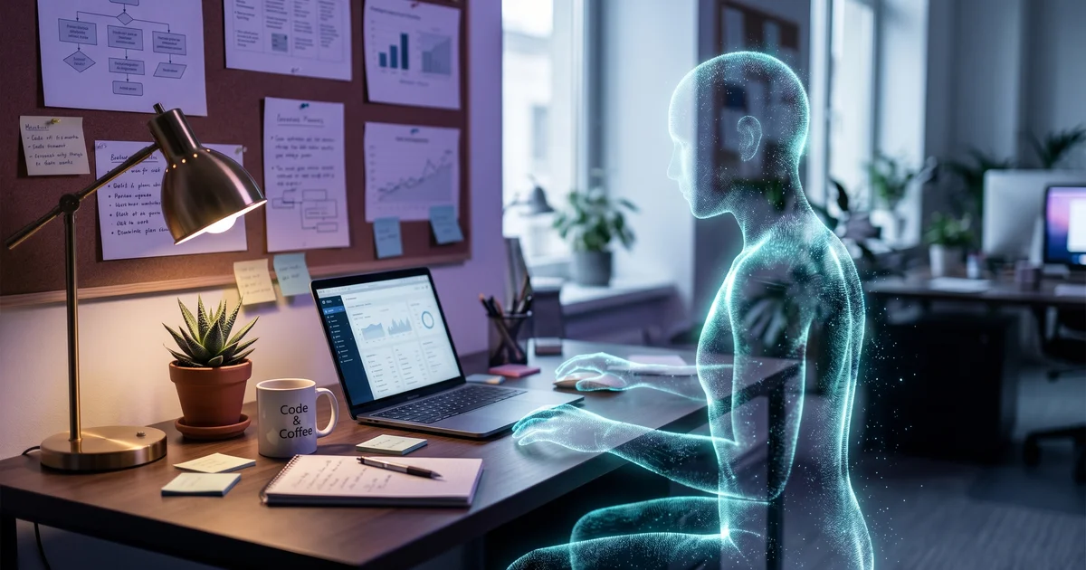Empty office desk where the chair has been replaced by a glowing AI interface holographic, with the previous employee's workflow notes pinned to a corkboard behind it