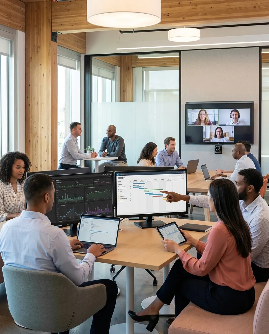Internal IT team and BASG engineers collaborating across screens in a hybrid workspace, sharing dashboards and project management tools
