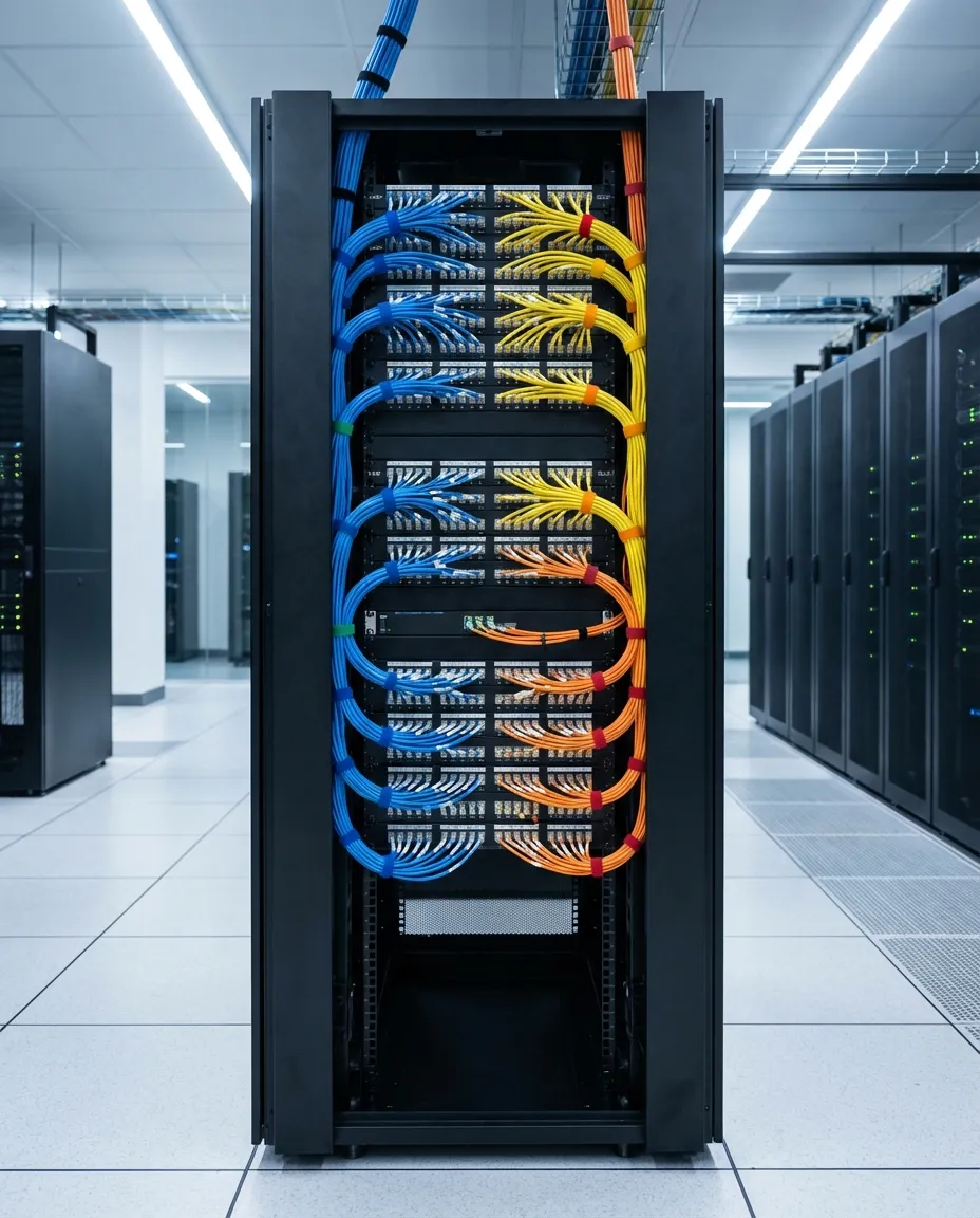 Professional structured cabling installation in server room with neatly organized Cat6A and fiber optic cable runs, patch panels, and labeled terminations