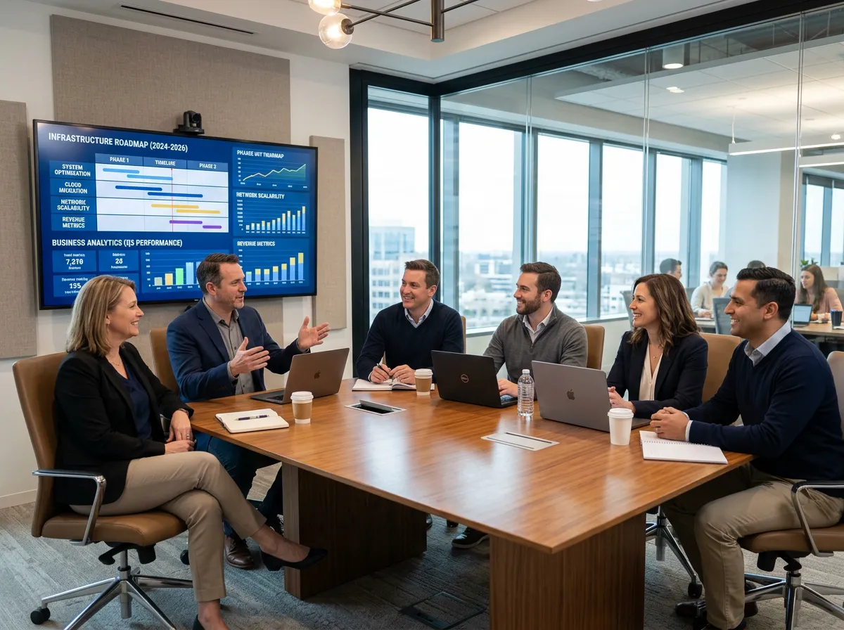 Executive strategy session with technology consultants reviewing infrastructure roadmaps and business analytics on a large display.