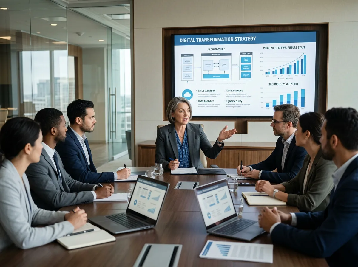 Senior technology executive leading a boardroom discussion about digital transformation strategy with charts and architecture diagrams visible.
