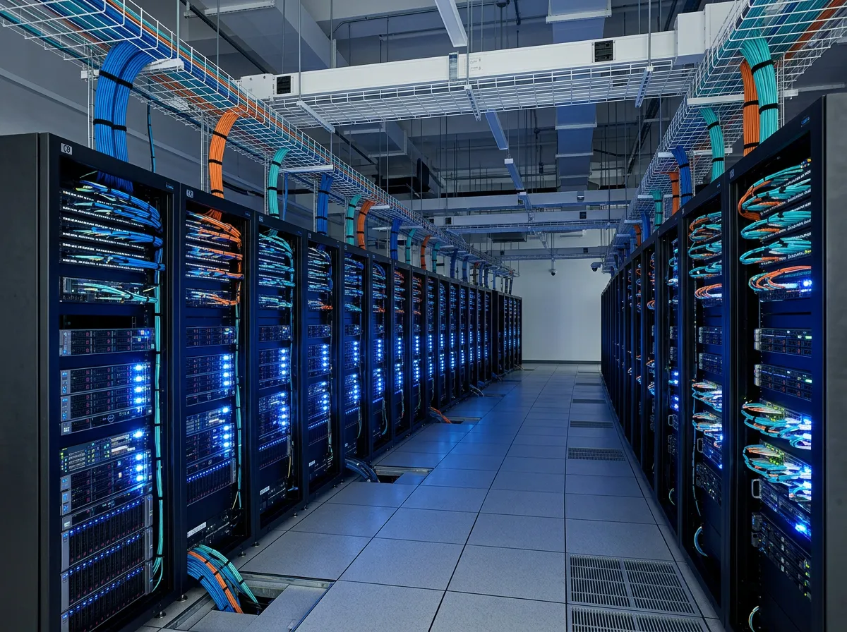 Modern data center with rows of illuminated server racks and fiber optic cabling, representing secure and scalable cloud infrastructure.