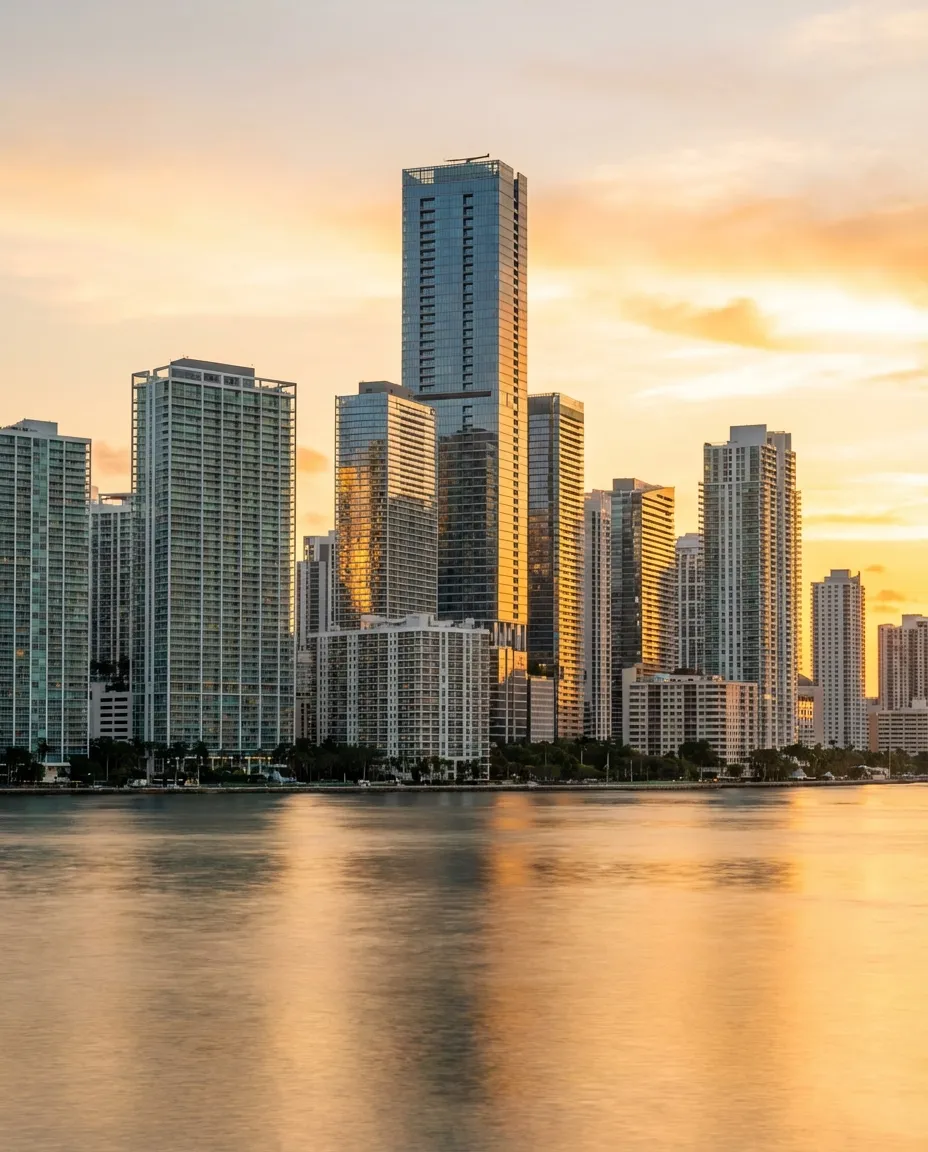 Panoramic view of downtown Miami skyline at sunset with Biscayne Bay, modern high-rises reflecting warm golden light