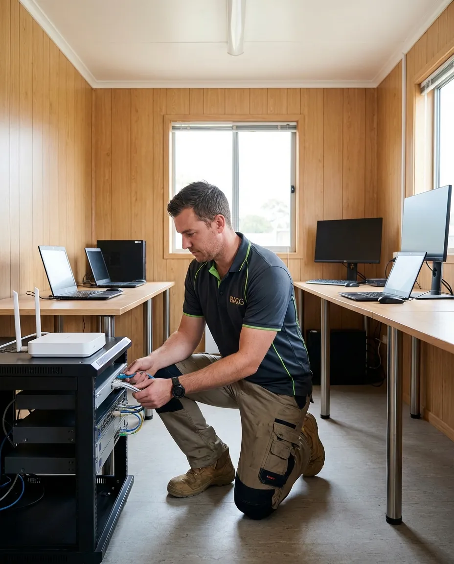 BASG field technician configuring network and IT equipment inside a construction job trailer, setting up wireless connectivity and workstations