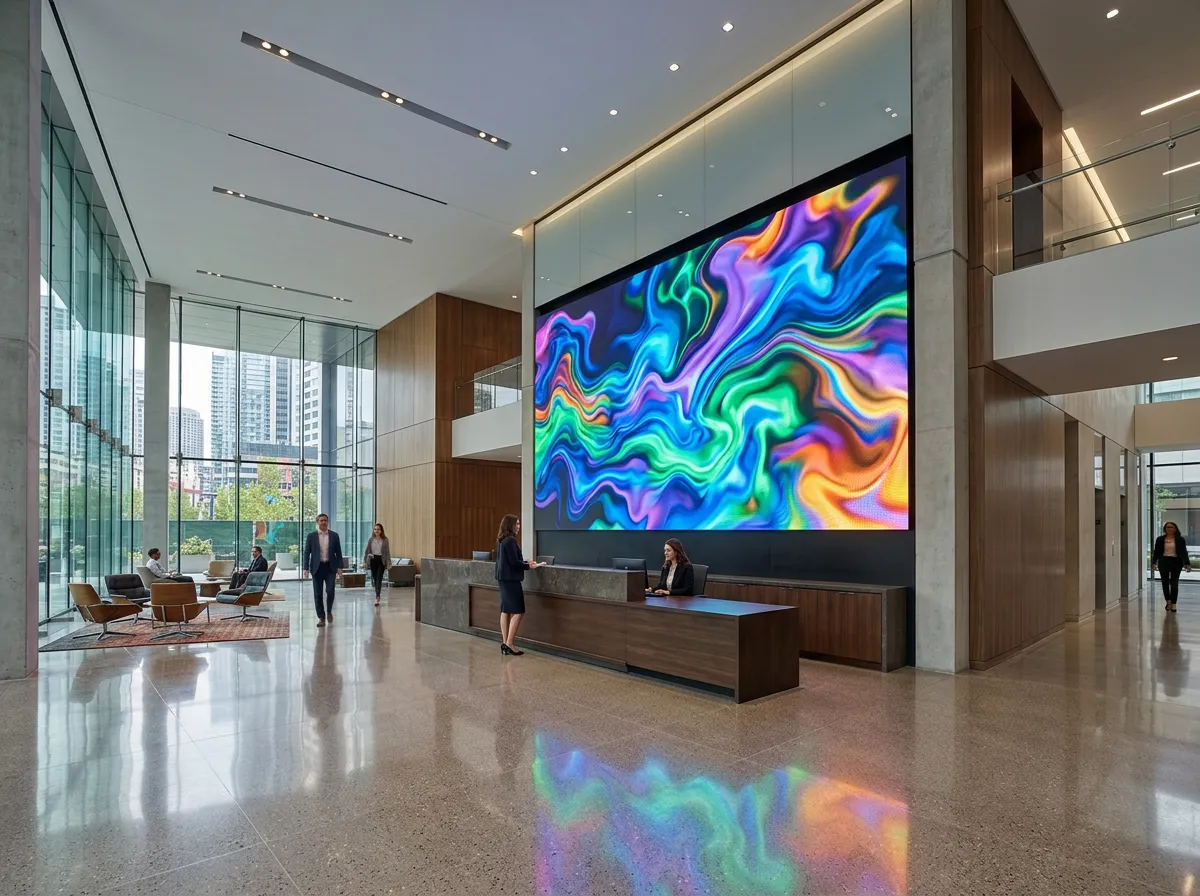 Stunning large-format LED video wall in a corporate lobby displaying vibrant content, with sleek modern architecture surrounding the installation.