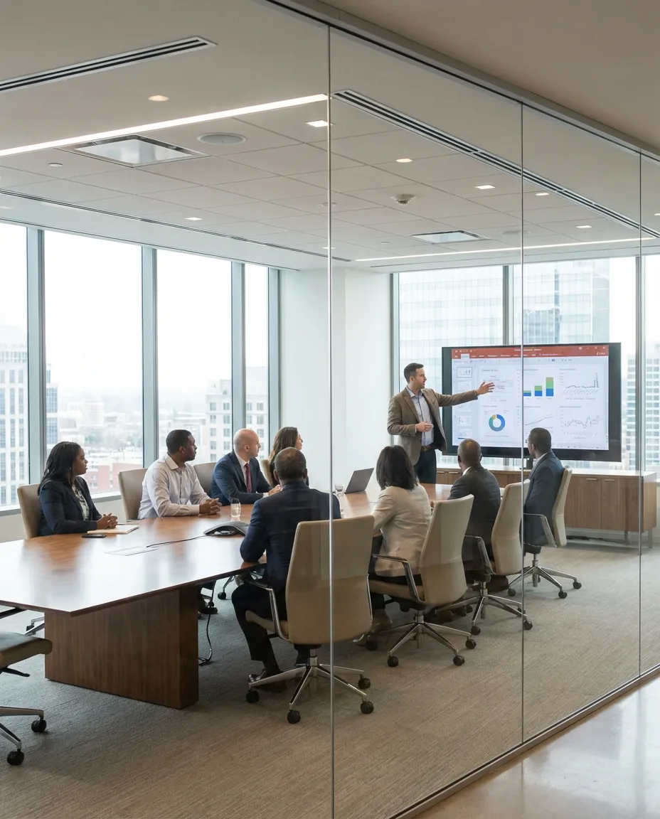 Fractional CTO presenting technology strategy to company board of directors in a modern, glass-walled executive conference room